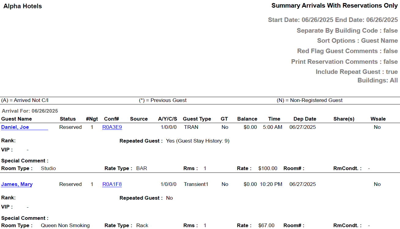 Arrivals Reports Detailed and Summary